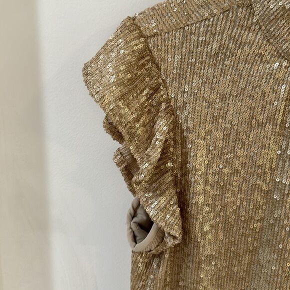 DR2 Champagne Gold matte sequin ruffle cap sleeve top  party holiday top S NWT - Picture 7 of 14